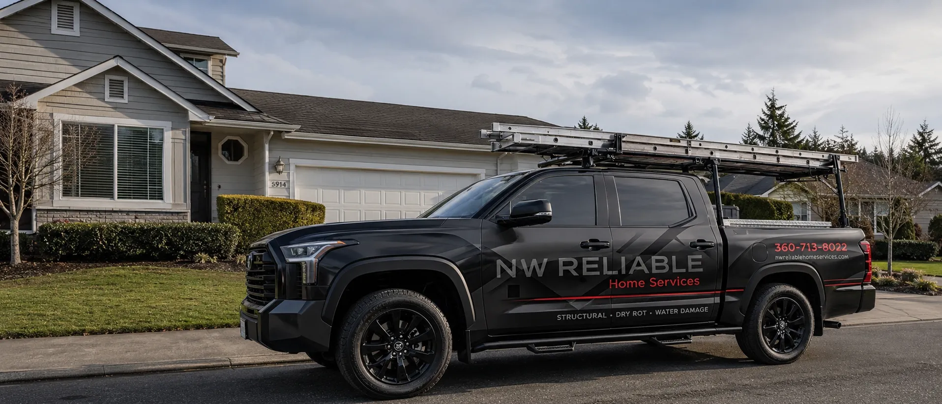 NW Reliable Home Services branded black Toyota Tundra with ladder rack parked in front of a Vancouver, WA residential home.