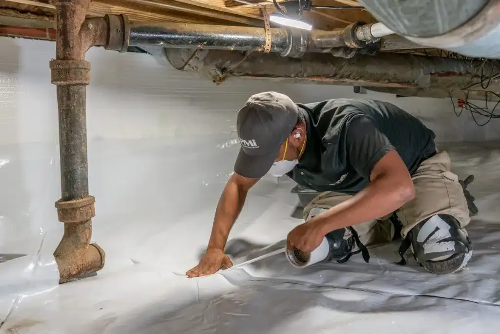 Crawl-space inspection showing moisture and vapor barrier detail.