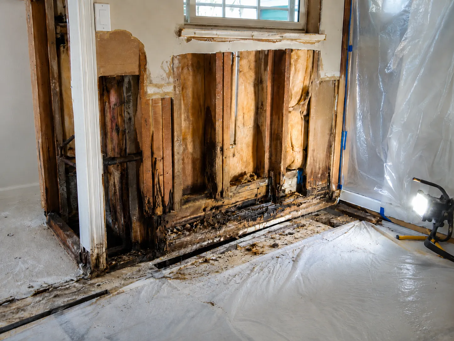 Opened-up wall showing rotted framing, charred wood, and exposed insulation during a dry rot repair.