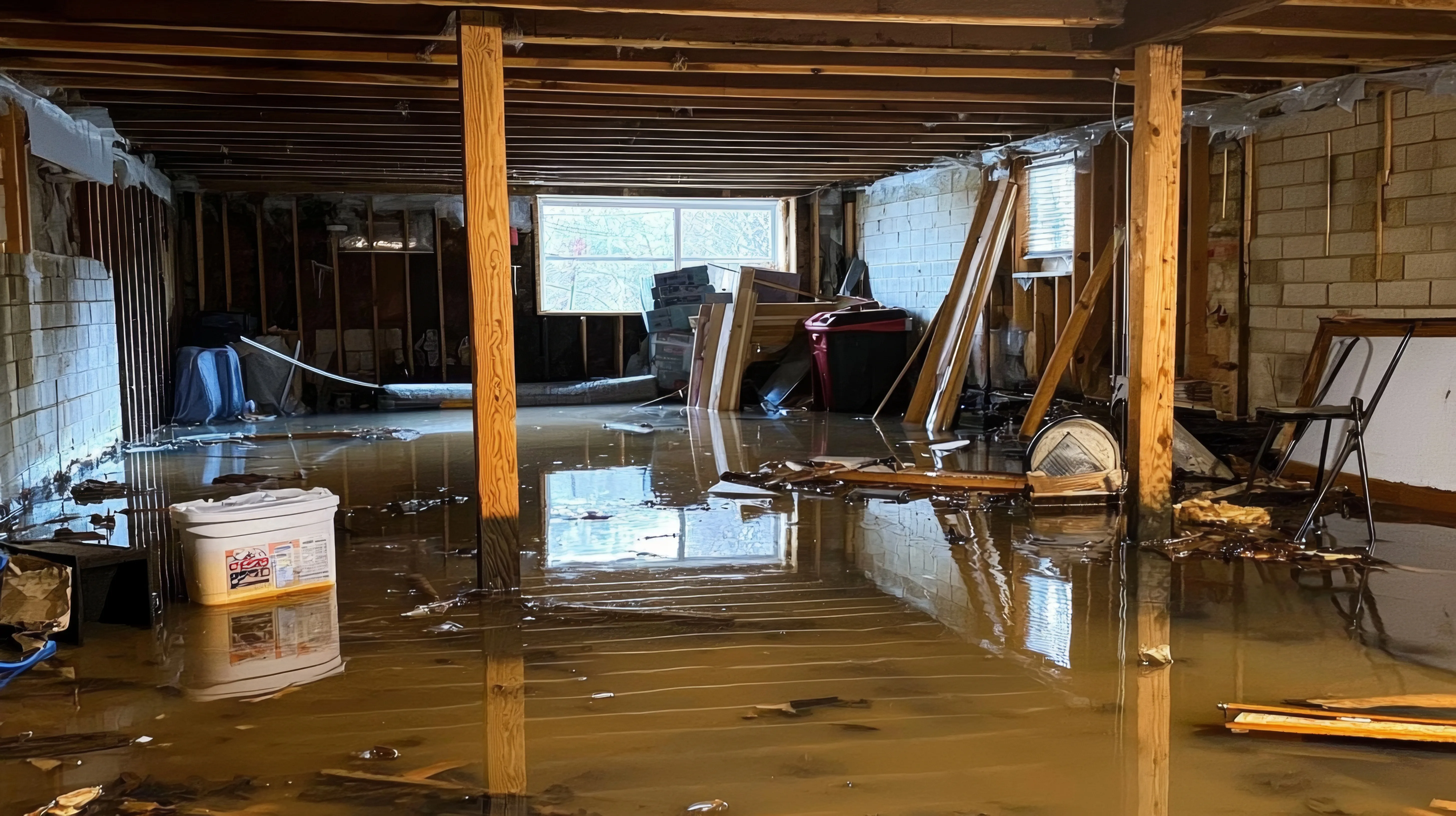Water-damaged subfloor and joist framing in a PNW crawlspace.